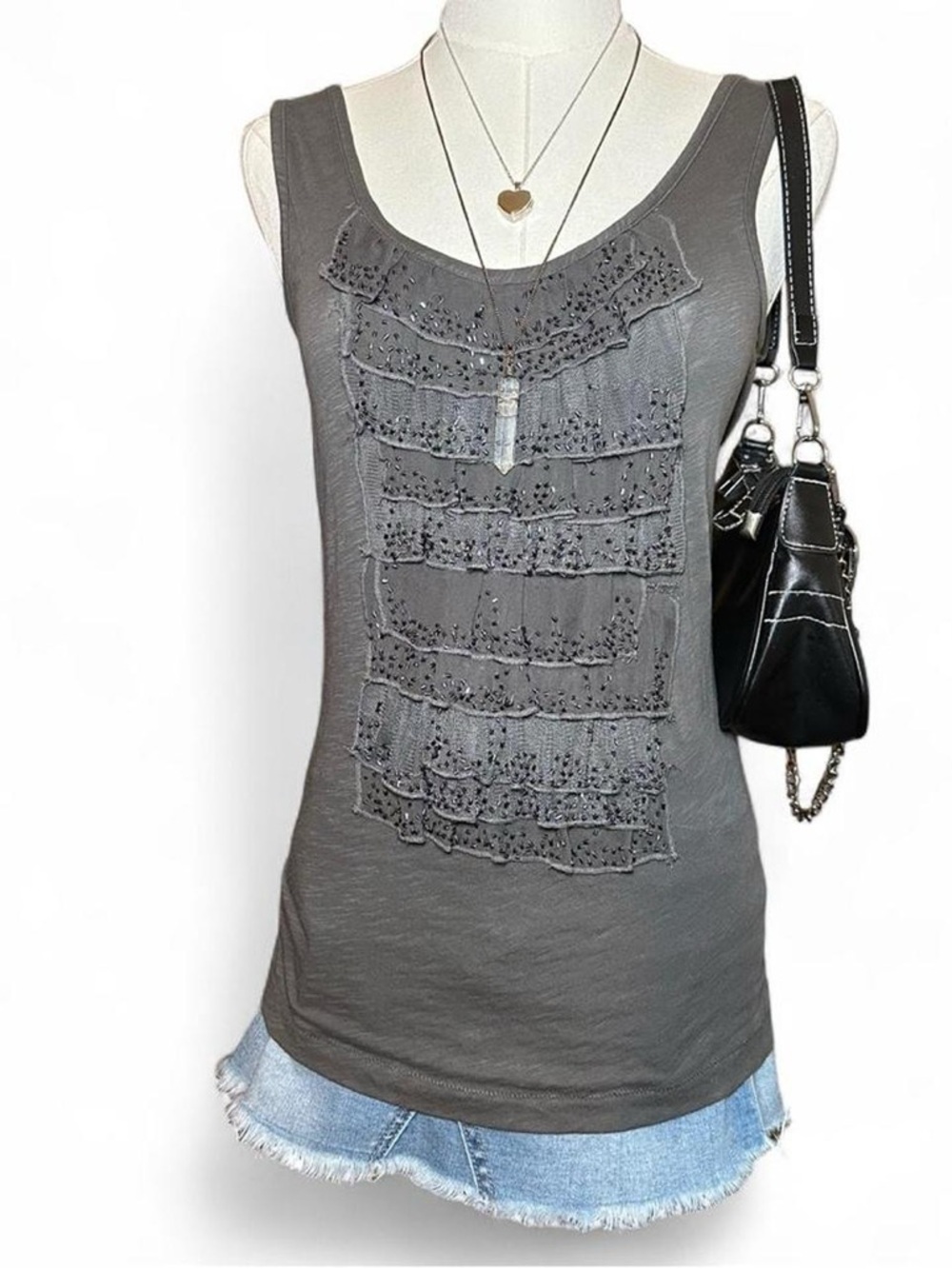 Y2K J Crew Gray Beaded Ruffle Tank Top Effy Stonem Skins UK Grunge Rave Festival